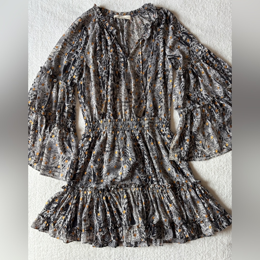 Lovestitch Black and Gray Ruffle Tiered Dress with Gold Accents, Sz S